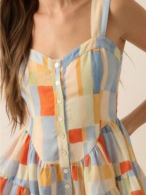 Promesa Multicolor Patchwork Mini Dress - Blue, Orange, Yellow, Cream